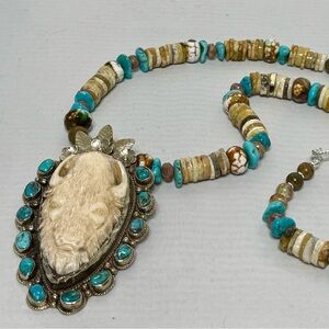 Turquoise and Yellow Opal Beaded Necklace with Bison and Turquoise Pendant